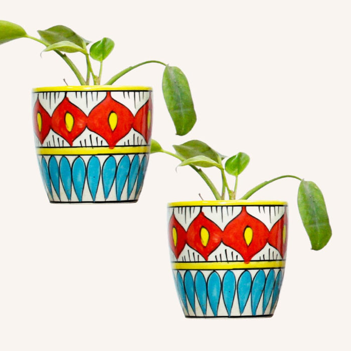 Ceramic Planters (4 inch) LazyGardener Weave (Set of 2 Pots)