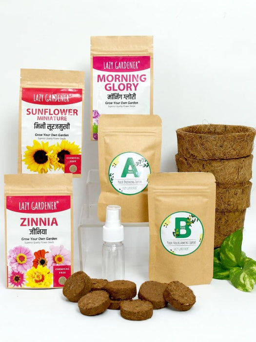 Summer Flowers Grow Kit (Zinnia, Morning Glory, Sunflower) LazyGardener